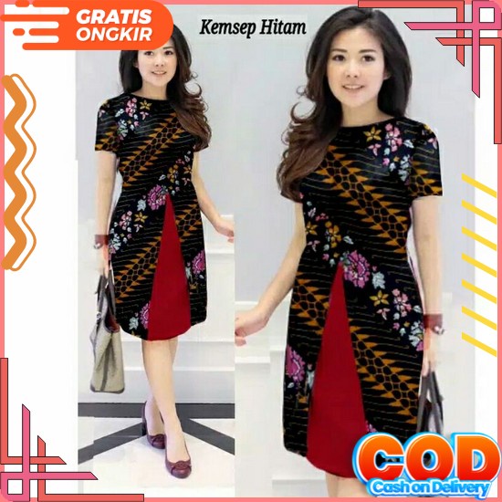 Baju Dress Wanita Modern Model Terbaru Motif Batik Lengan Pendek Selutut Party Natal Seragaman Karya