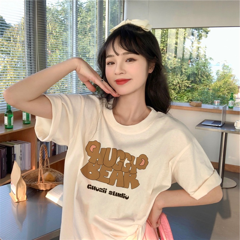 EUNII T-shirt Lengan Pendek Cute Bear Ears Korean Style/Kaos Atasan Wanita/Baju Kaus Oversize Wanita/Kaos Wanita