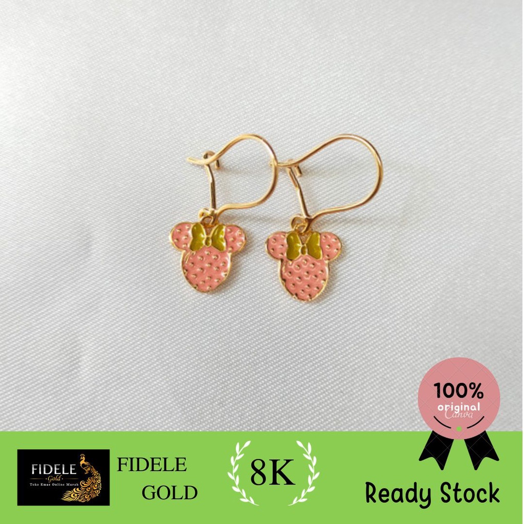 Anting Mickey Pink Strawberry Anting Anak Anting Remaja Anting Emas Asli Kadar Muda 375