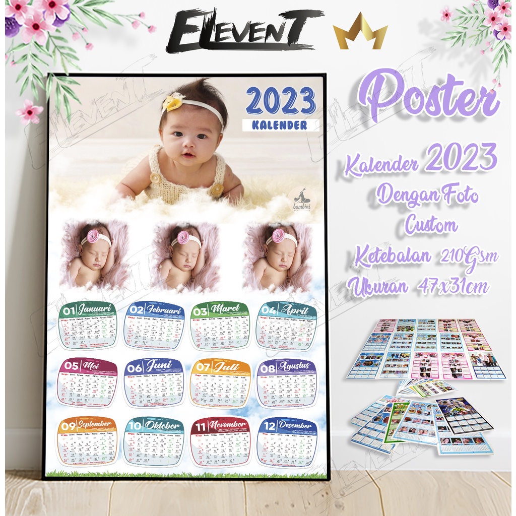 Cetak Kalender 2023 Karakter Custom Foto Tulisan Ukuran 31x47cm Pajangan Rumah Kalender Dinding Motif Animasi Kartun