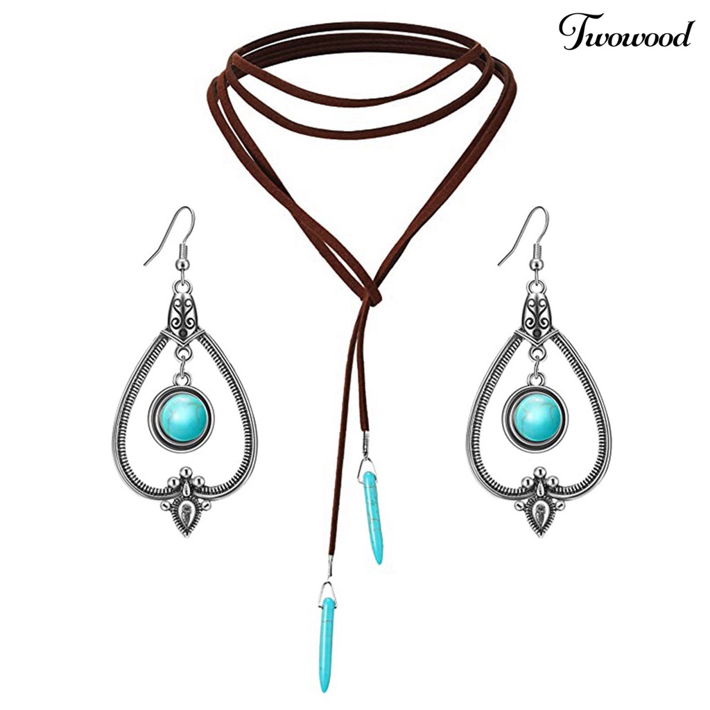 Kalung Tali Suede Adjustable Dengan Liontin Turquoise Gaya Bohemian Untuk Wanita