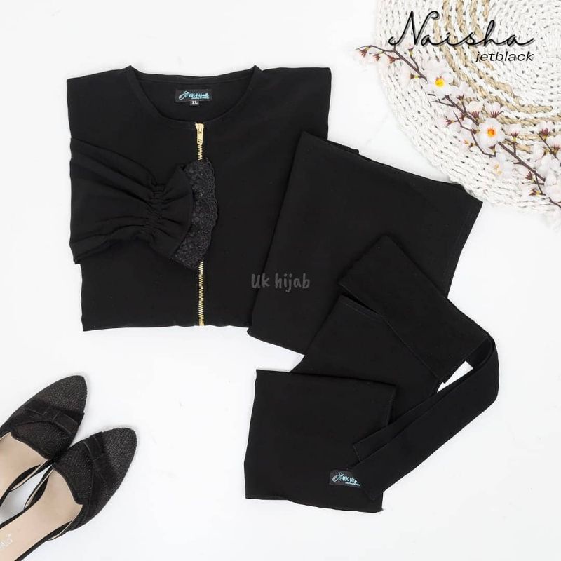 COD ready stok Termurah set gamis syari free cadar bandana murah set naisha jetblack moreba
