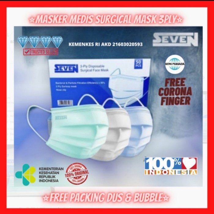 masker surgical earloop SEVEN 3ply kemenkes isi 50pcs - Seven Biru
