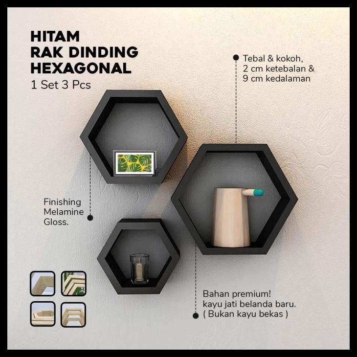 (TERBARU) RAK DINDING HEXAGONAL GANTUNG HIASAN TEMBOK DEKORASI KAMAR HITAM RK34