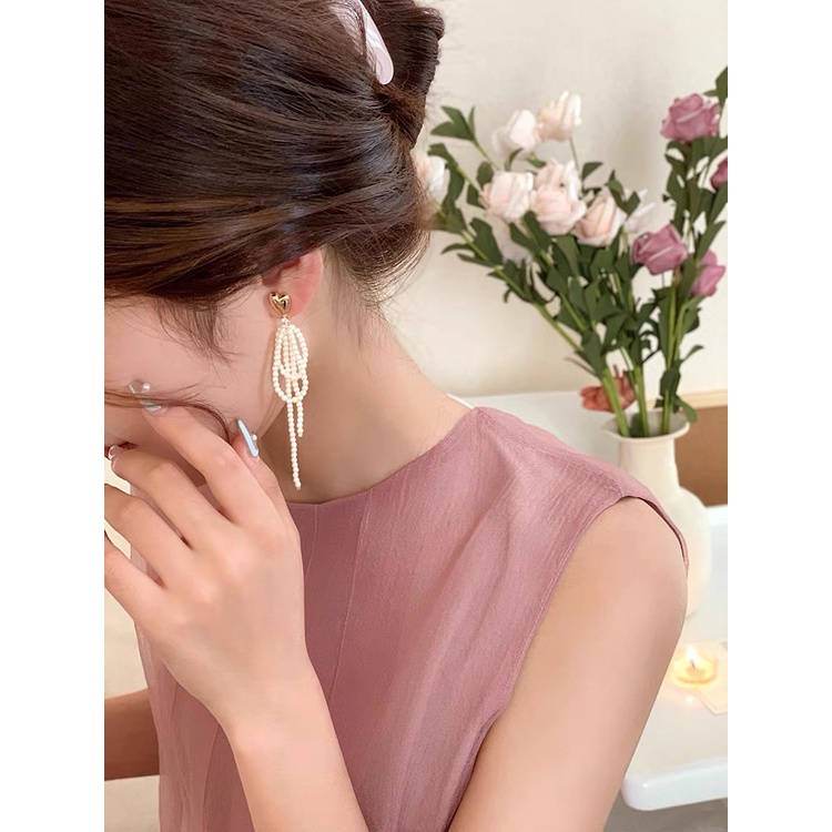 Anting Tusuk Gantung Panjang Silver 92 Wanita Desain Hati Rumbai Mutiara Gaya Musim Gugur / Dingin