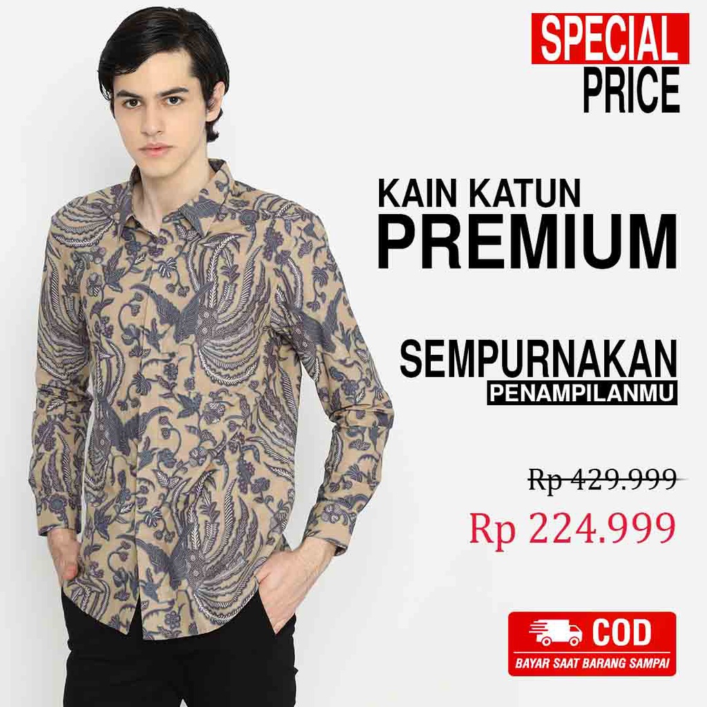 KEMEJA BATIK PRIA Lengan Panjang Slimfit Premium Motif Burung Phoenix Cream Krem 729103 Cap 72 - Baju Kemeja Atasan Pakaian Setelan Batik Pria Cowok Laki Laki Remaja Keluarga Kantor Lengan Panjang Modern Slimfit Slim Fit Premium Kekinian