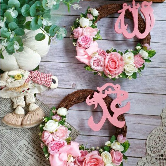 Sepasang Wreath Allah Muhammad Hias Bunga Dengan Pita Custom Dekorasi Rumah Gantungan Pintu Hiasan D
