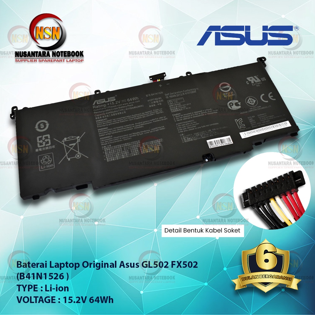 Baterai Original Laptop Asus For GL502 FX502 B41N1526 15.2V 64Wh