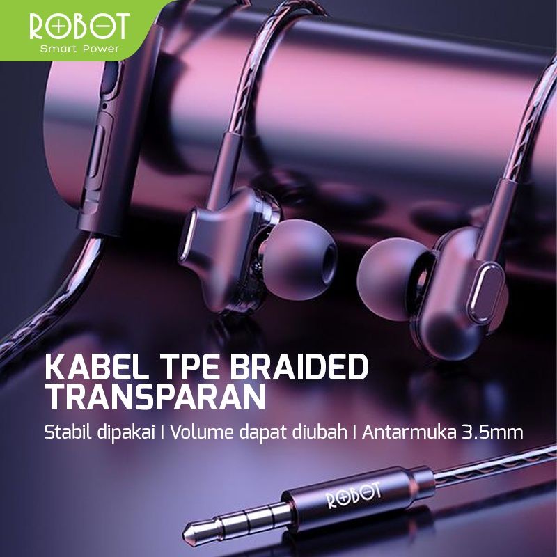 Headset Robot RE30 RE-30 New Model Headset Wired Earphone Full Bass Electroplated Original Power Full - Garansi 1