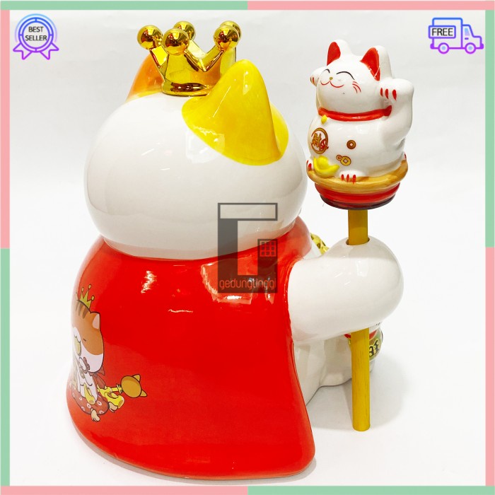 Patung Pajangan Boneka Dekorasi Hiasan Kucing Bawa Panggil Rejeki Rezeki Hoki Maneki Neko Maneko Neki ManekiNeko Lucky Cat Keberuntungan Keramik Tangan Goyang Gerak Meja Kasir Toko Restauran Cina China Jepang XL Jumbo Besar Listrik Baterai Batrai Batre