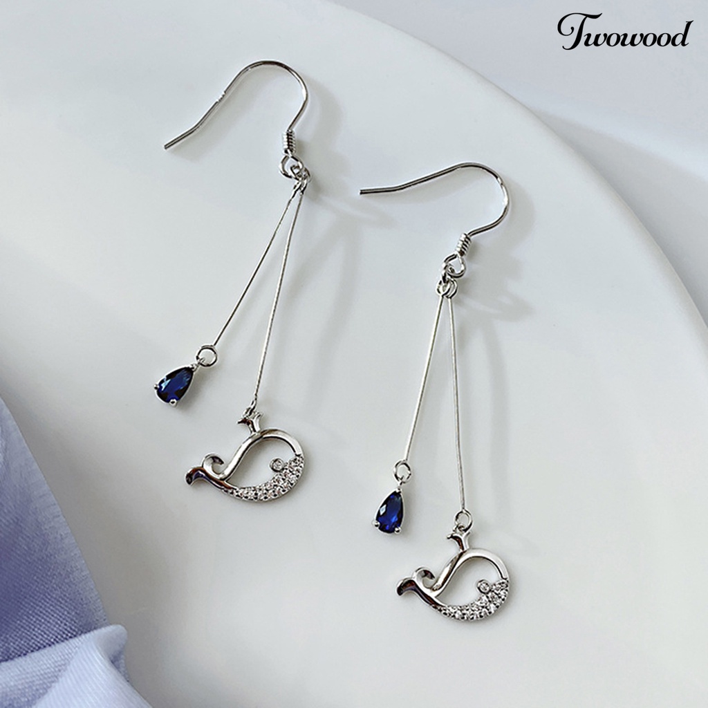 1 Pasang Anting Juntai Bentuk Whale Cube Zirconia Gaya Korea Untuk Pernikahan