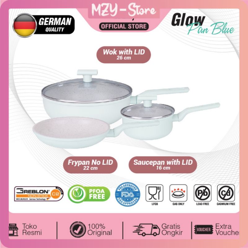 Stein Glow Pan Set Violet Blue Pink Steincookware Glowpan Violet Glowpan Pink Glowpan Blue  Series Wajan Set (Frypan 22 Saucepan 16 Wokpan 26)