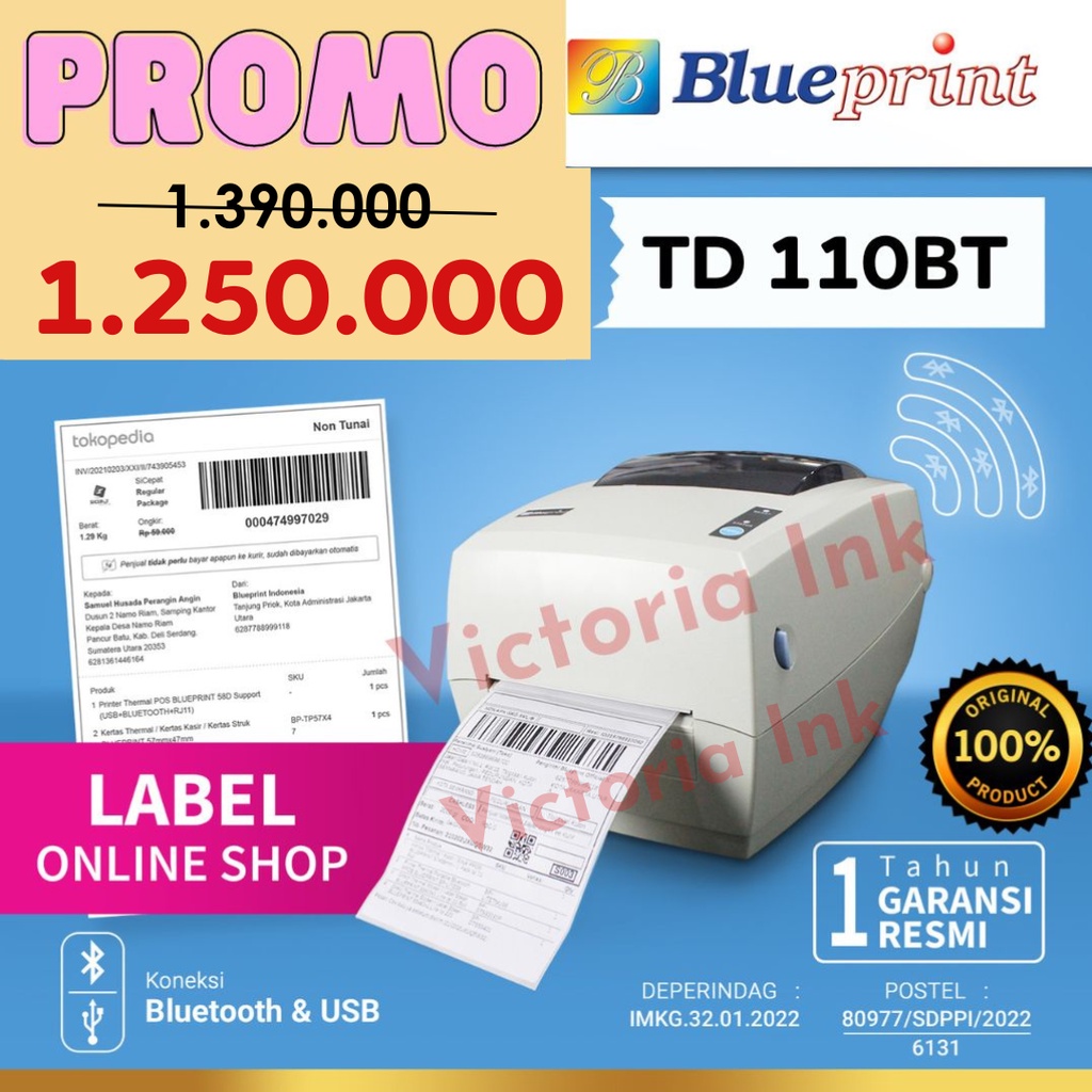 Jual Barcode Printer Thermal Label Resi Pengiriman A6 Blueprint TD110BT