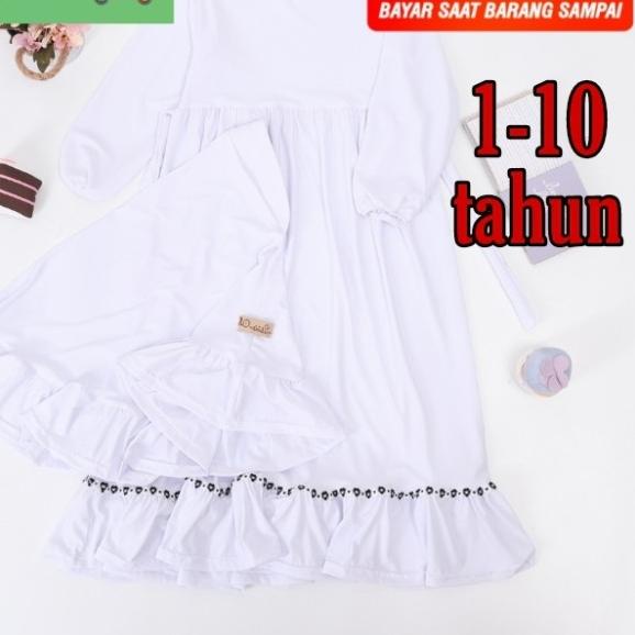 baju gamis putih polos anak fashion muslim dress kids set hijab khimar - Grey, S