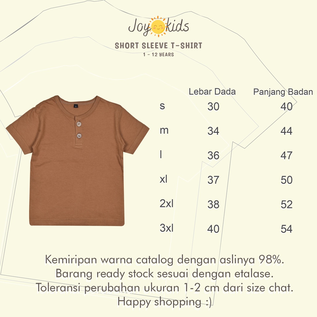 Joy Kids Kaos Anak Polos Kancing Laki laki Perempuan Katun Premium 1-12 Tahun