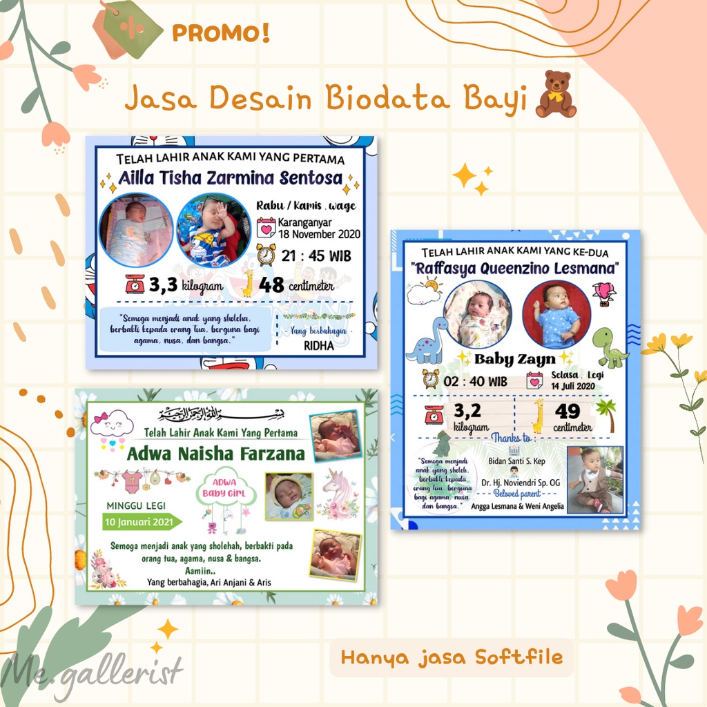 ✨Me.gallerist✨Biodata Bayi/Jasa Desain Biodata Bayi/Nama Bayi/Soft file Biodata Bayi
