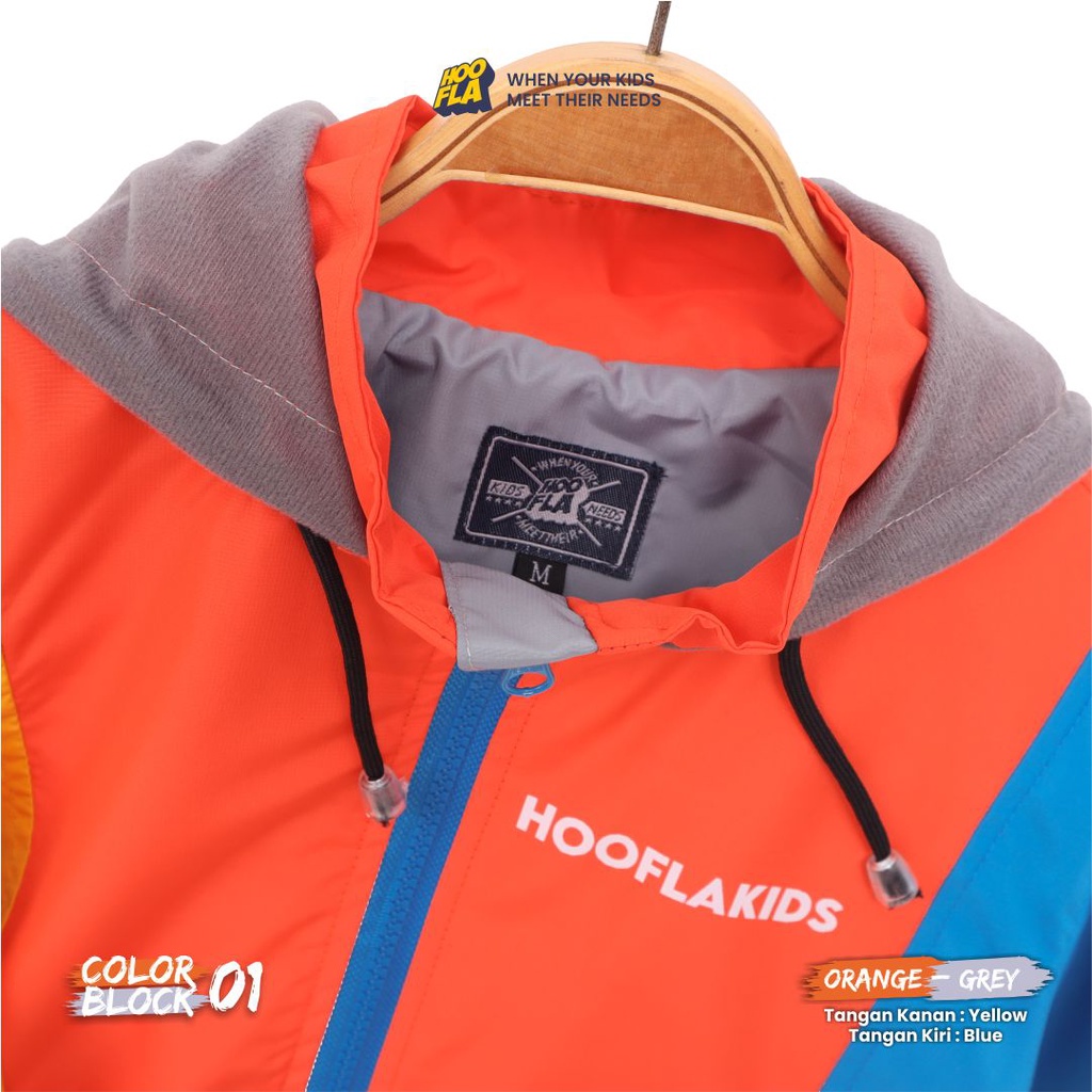 Hooflakids - Jaket Anak Hangat Windproof Tahan Angin Umur 6 sampai 12 Tahun Laki laki Bahan Parasut Waterproof Tebal Desain Color Block