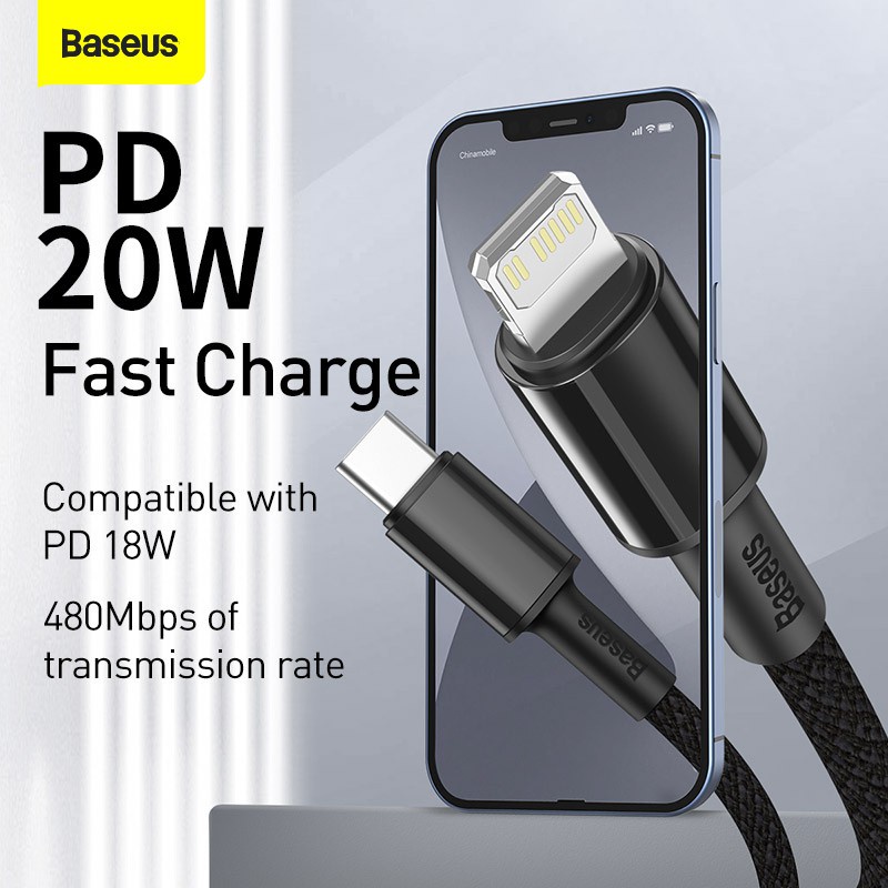 Baseus High Density Braided Fast Charging 20W Data Cable USB-C to Lightning 1m 2m Garansi Resmi