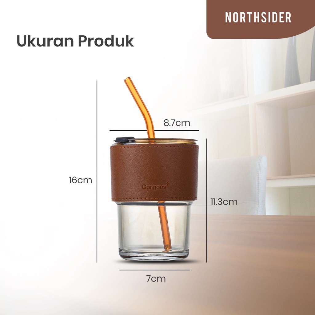 GELAS MUG KACA KOPI TEH SEDOTAN 320ML TUMBLER LEATHER KOREAN STYLE