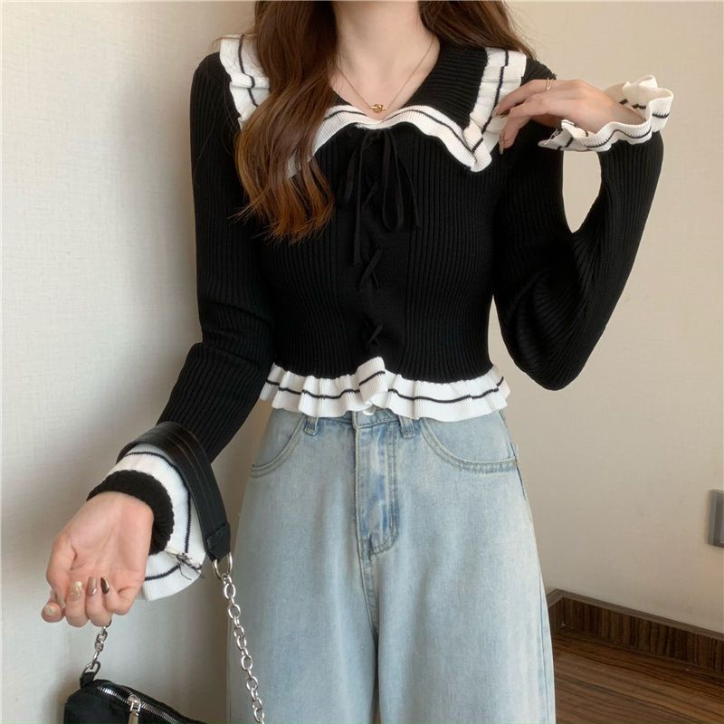 YIU YIU Rajut - Sweater Rajut Import Korea Atasan Casual Lengan Panjang Rajut Kantor Crop Top Long Sleeve