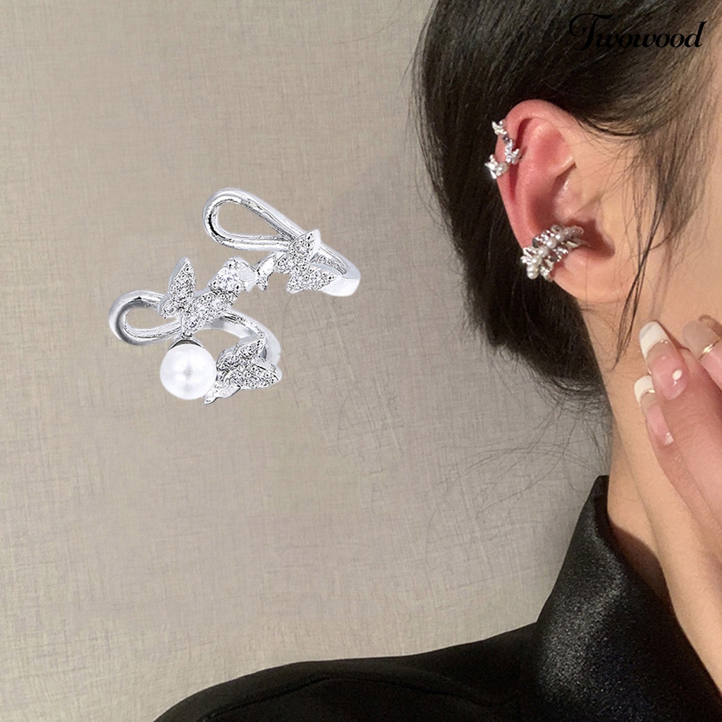 1 Pc Anting Klip Bentuk Kupu-Kupu Aksen Mutiara Tiruan Bahan Cubic Zirconia Untuk Wanita