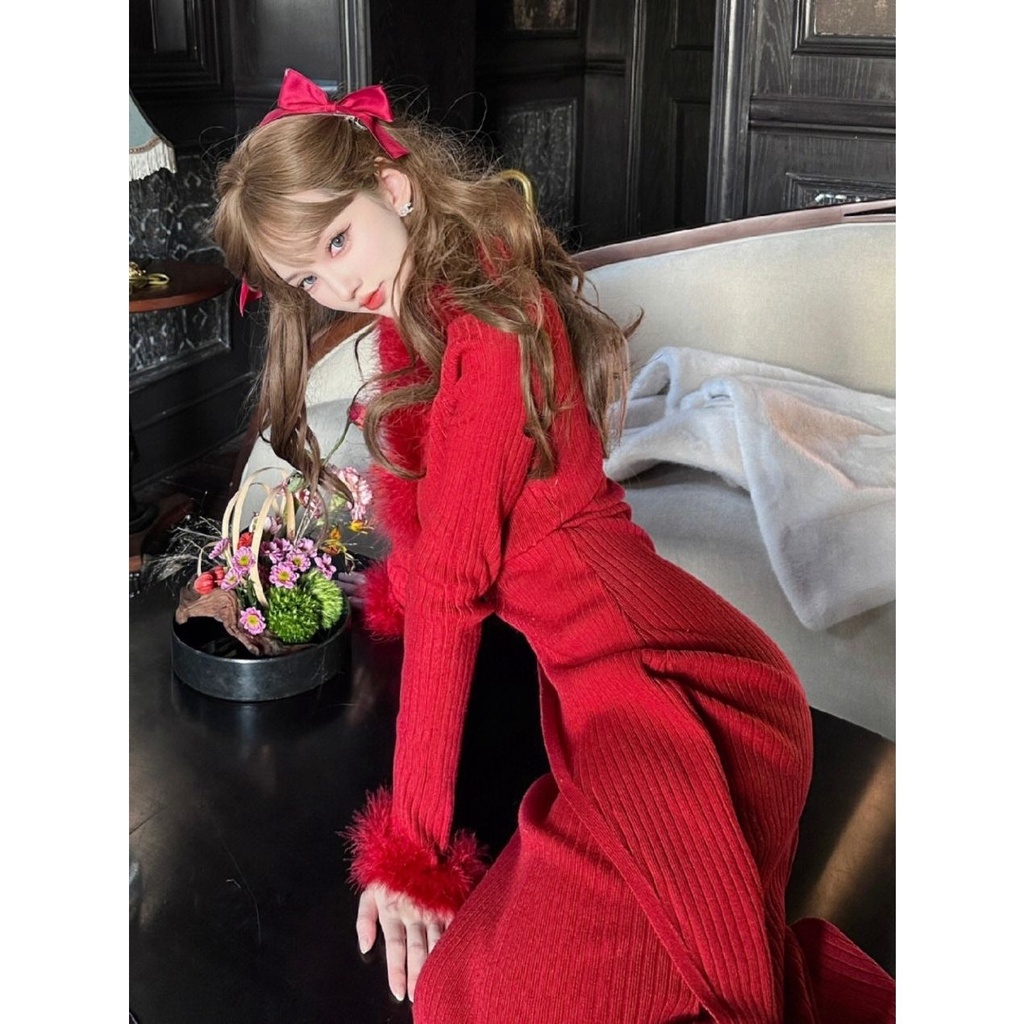 Gaun fashion merah Natal musim gugur dan musim dingin wanita high-end chic temperamen dewi penggemar V-neck rok panjang ramping