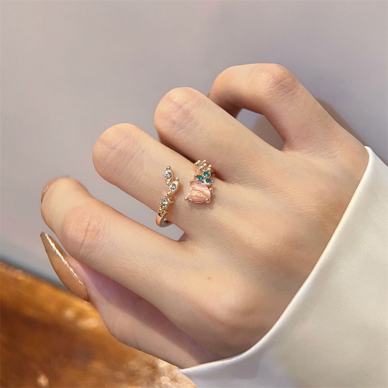 Suhao lapisan ganda cinta zirkon cincin terbuka perempuan desain manis ceruk high-end jari telunjuk cincin bersih merah cincin yang dapat disesuaikan