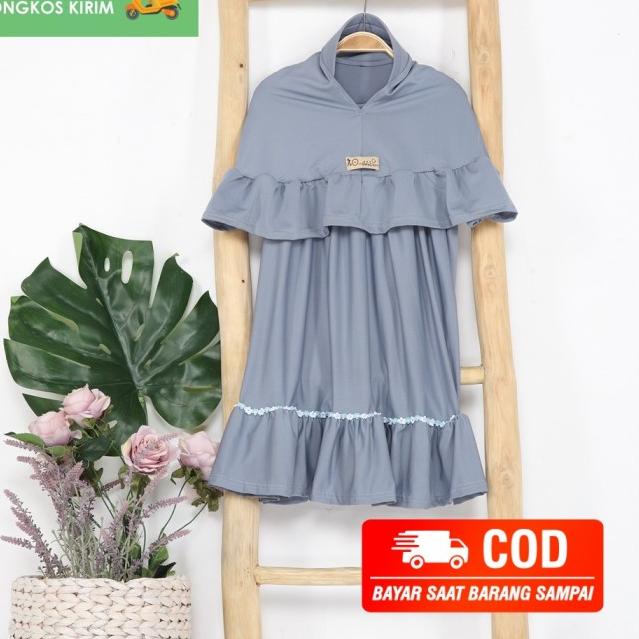 baju gamis putih polos anak fashion muslim dress kids set hijab khimar - Grey, S