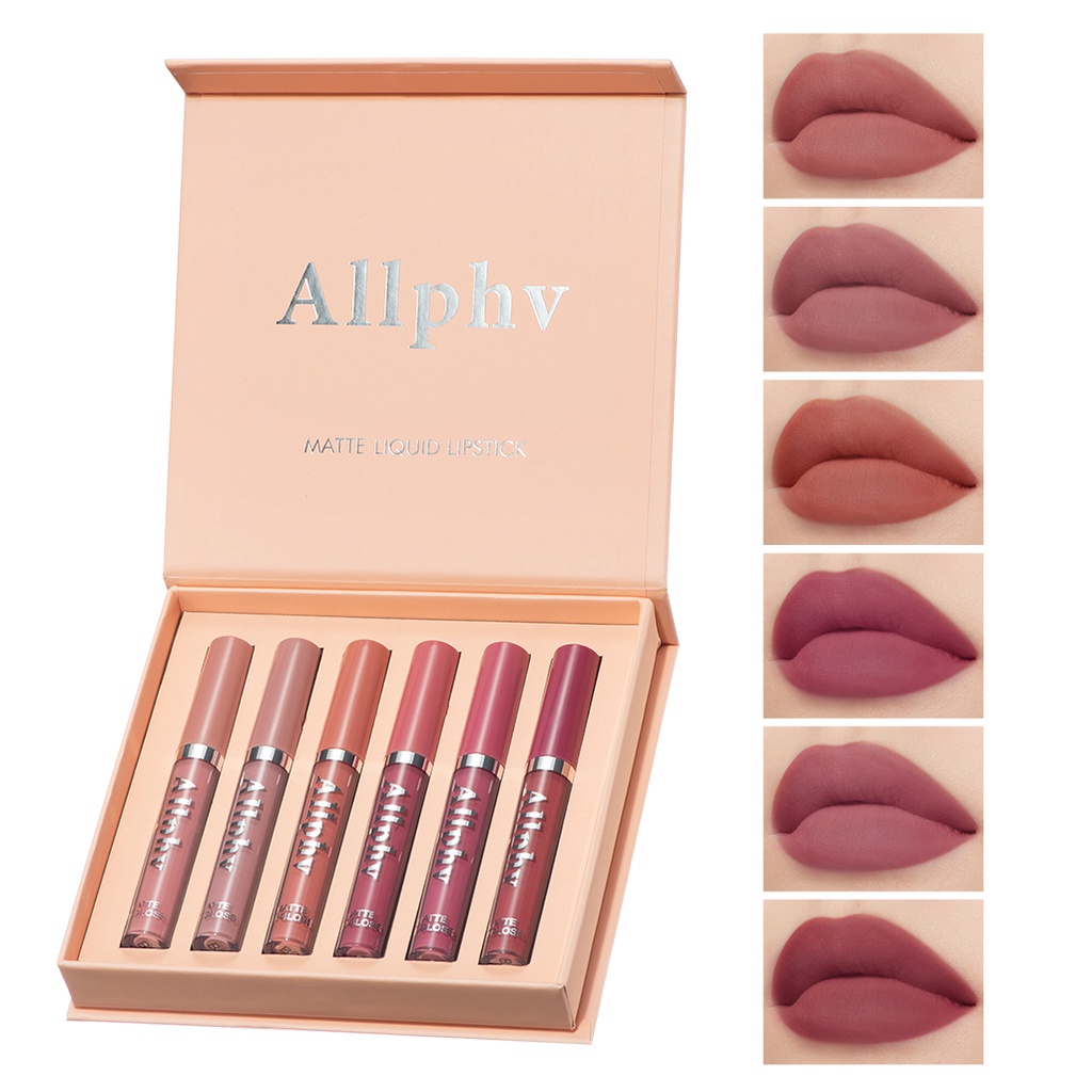 【ORI】Allphv LipMatte Gloss Set Matte Liquid Lipstick  Lipstik paket 6 warna  Long-Lasting Wear Non-Stick Cup