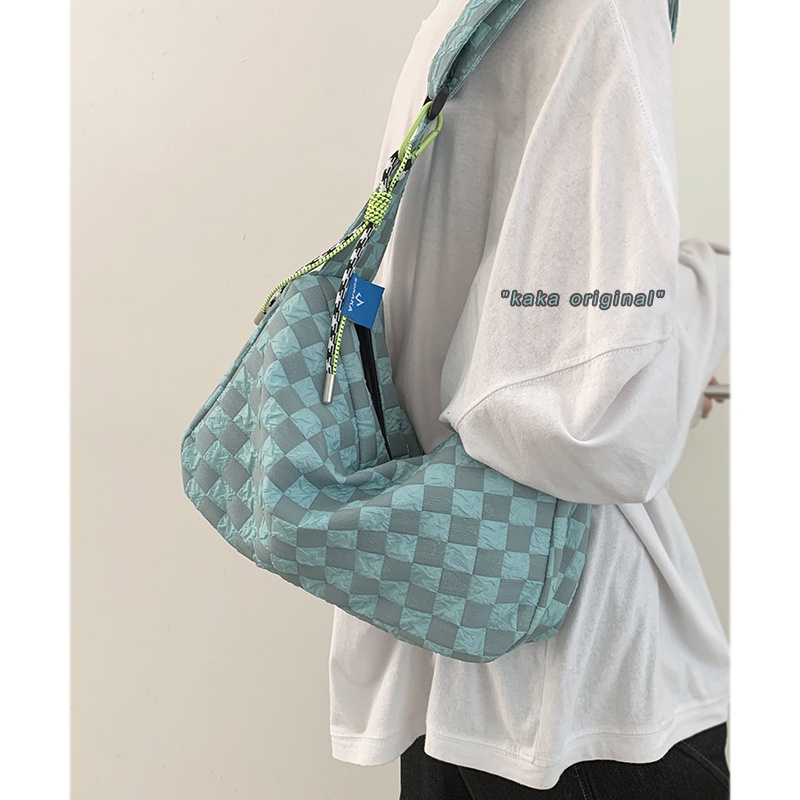 Suhao tas messenger olahraga wanita musim panas 2022 baru trendi fashion kotak-kotak tas kanvas all-match in one-shoulder messenger bag