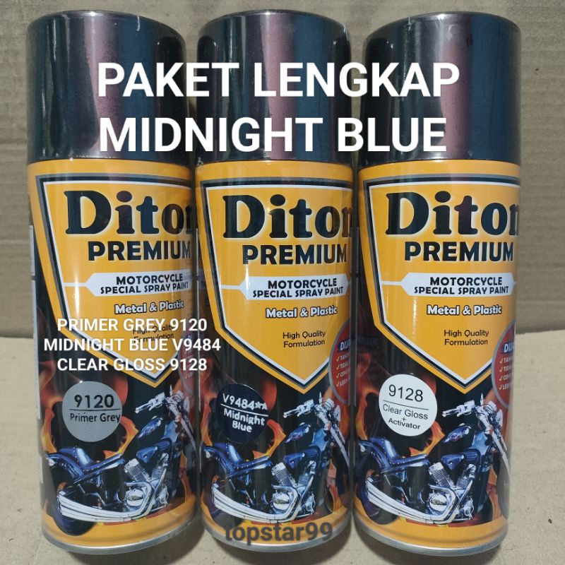 Pilok Cat Diton Premium Paket Lengkap 3 Kaleng Midnight Blue Biru Gelap V9484 Primer Grey 9120 Clear Gloss 9128 400cc Pilok Paketan Cat Semprot Special Spray Paint