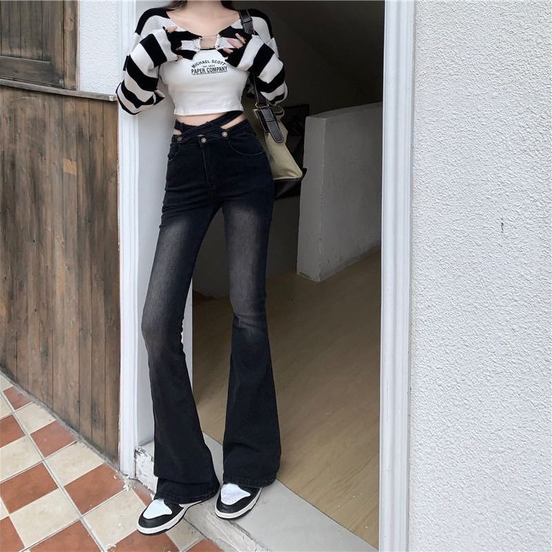 Suhao Plus Ukuran Gaya Hong Kong Retro Jeans Wanita Musim Gugur Baru Cross Sabuk Tinggi Pinggang Ramping Tubuh Menutupi Daging Menampilkan tipis Micro Booth Celana