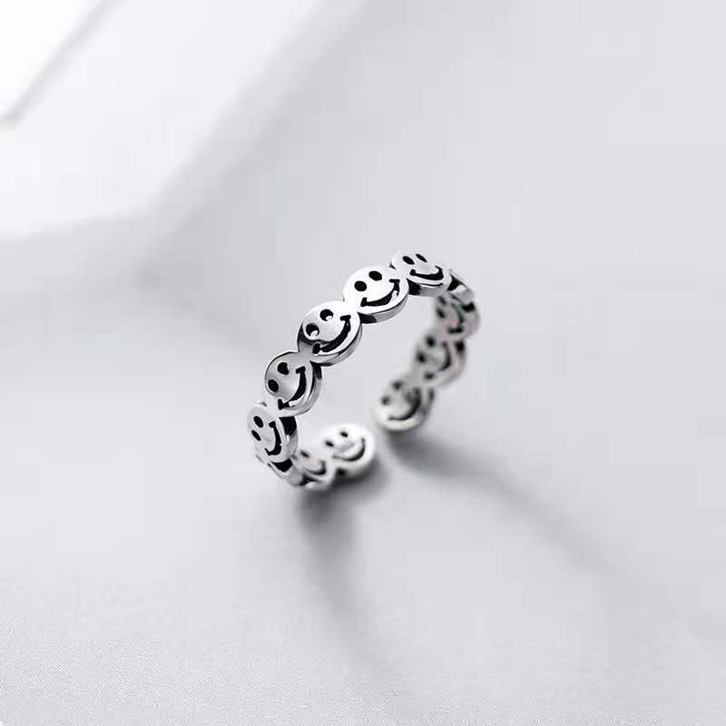 Cincin Model Terbuka Desain Smiley face Geometri Gaya Korea Eropa Amerika