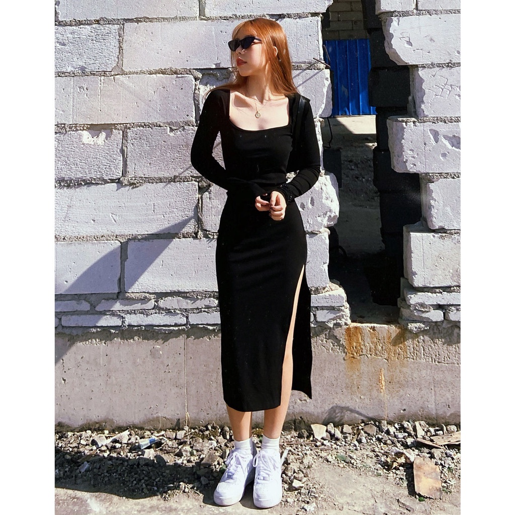 Sosok super hot girl slim ketat slit knit dress wanita Eropa dan Amerika rok panjang bottoming rok hitam kecil tren leher persegi
