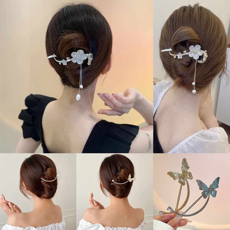 Jepit Rambut Bentuk Bunga Kupu-Kupu Aksen Mutiara Berlian Imitasi Bahan metal Gaya Korea butterfly