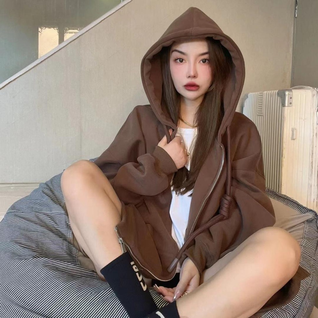 Musim gugur dan musim dingin baru oversize lazy wind hooded sweater drape loose plus beludru menebal kardigan jaket pasang wanita