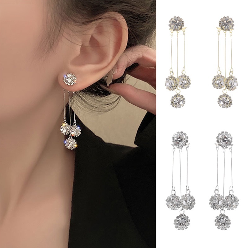 1 Pasang Anting Giwang Panjang Elegan Dengan Kristal + Berlian Imitasi Untuk Wanita