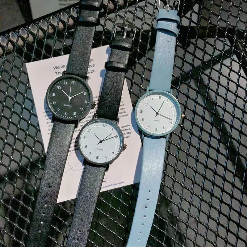 Jam Tangan Wanita Pria Analog Harajuku Casual Polos Fashion Strap Pu Leather