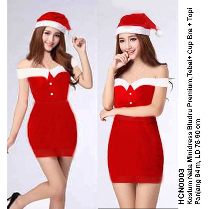 HCN0003 Kostum Natal Minidress Bludru Premium + Cup Bra + Topi Panjang / Mini Dress Costum Natal / Kostum Natal Christmas Sexy