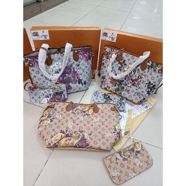 tas fashion Tote LV neverfull bunga free box, tas Tote flora set dompet size medium