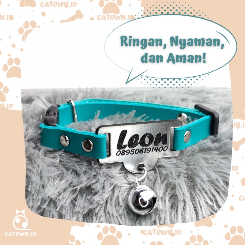 D003-Kalung Kucing Custom Nama Tulisan Gratis Cetak Ukir Tulis Nama Aksesoris Kucing Free Custom Lucu Tulis Identitas Pemilik Alamat Nomor HP Anti Hilang Bahan PU Leather Kulit Cat Collar catown.id