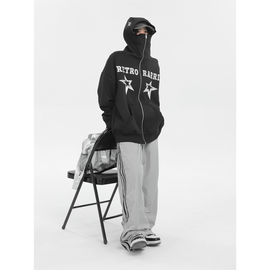 American Retro Street Niche Huruf Bintang Pasangan Berkerudung Fleece Sweater Turtleneck Jaket Pria dan Wanita Longgar Hoodies
