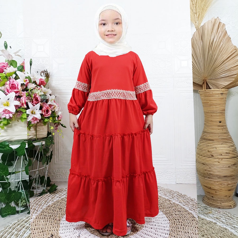 CARLINA MAHIRA ANAK MUSLIMAH DRESS 3 SUSUN RENDA PINGGANG LENGAN BALON 2-13tahun