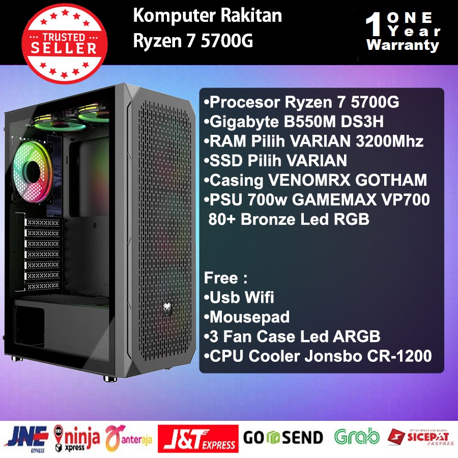 Komputer AMD Ryzen 7 5700G 3,8GHz 8Cores|RAM 32GB|SSD 512GB M.2 NVME|WIFI, Komputer Rakitan, PC Gaming/Desain/Admin/Office Baru Bergaransi 1 Tahun