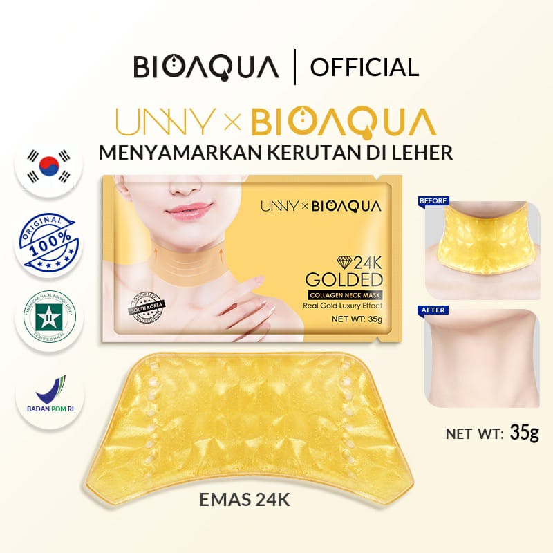 Bioaqua Cosmetics BIOAQUA 24KGold Collagen Neck Mask MENYAMARKAN KERUTAN DI LEHER EMAS 24K Mengangkat mengencangkan Menghaluskan melembutkan Menyamarkan kerutan di leher/Sodium hyaluronate+Hydrolyzed collagen/Centella asiatica/Lighten neck wrinkles, Brig