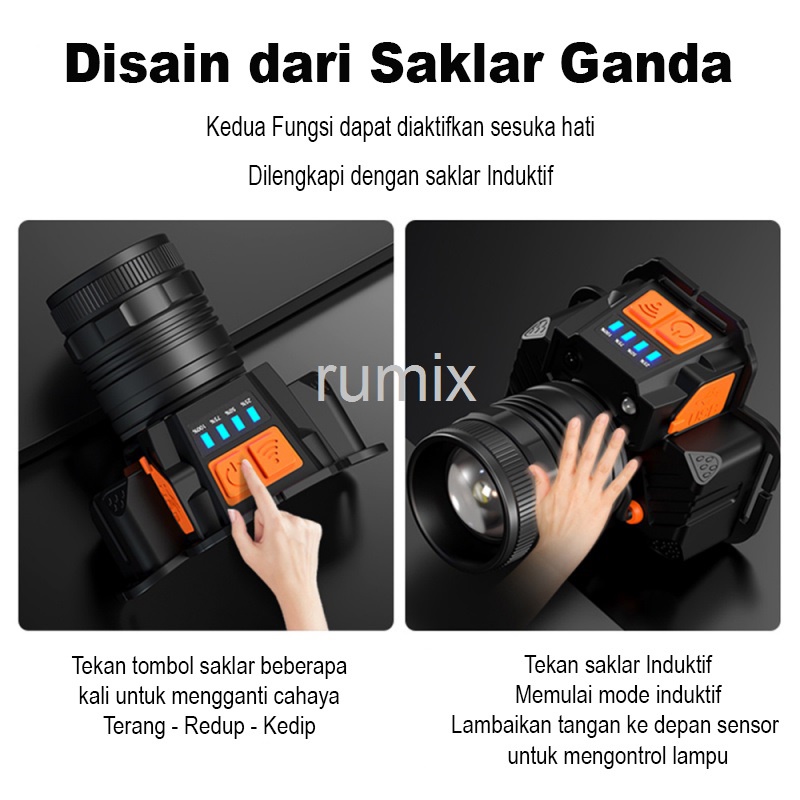 Senter Kepala Led Glare Sorot Induksi Zoom Isi Ulang Headlight Head Lampu Depan Tahan Air L9 Sumbu Super Terang Daya Tinggi Berkemah Di Luar Ruangan Jarak Jauh