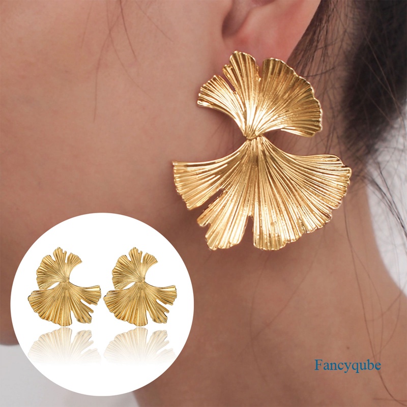 Fancyqube Anting Bentuk Daun Ginkgo Biloba Geometris Warna Emas Gaya Bohemian Untuk Wanita