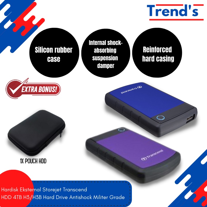 Hardisk Eksternal H3B 4TB Transcend Storejet Antishock Case Karet Antishock Waterproof