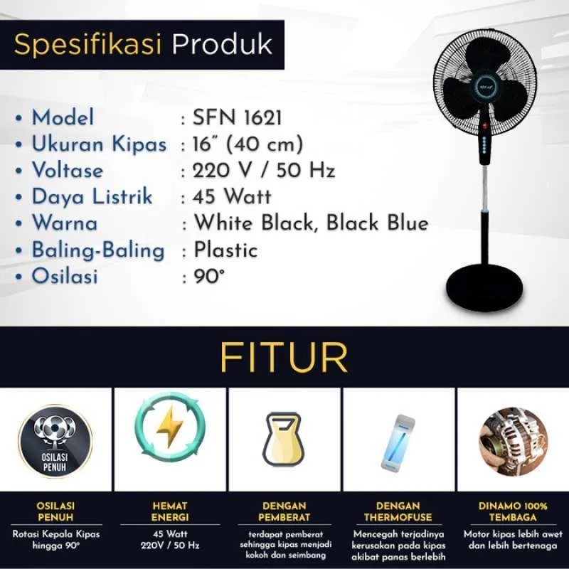 SEKAI Stand Fan Kipas Angin Tumpu 16 Inch SFN 1621 Kaki Bulat Hitam