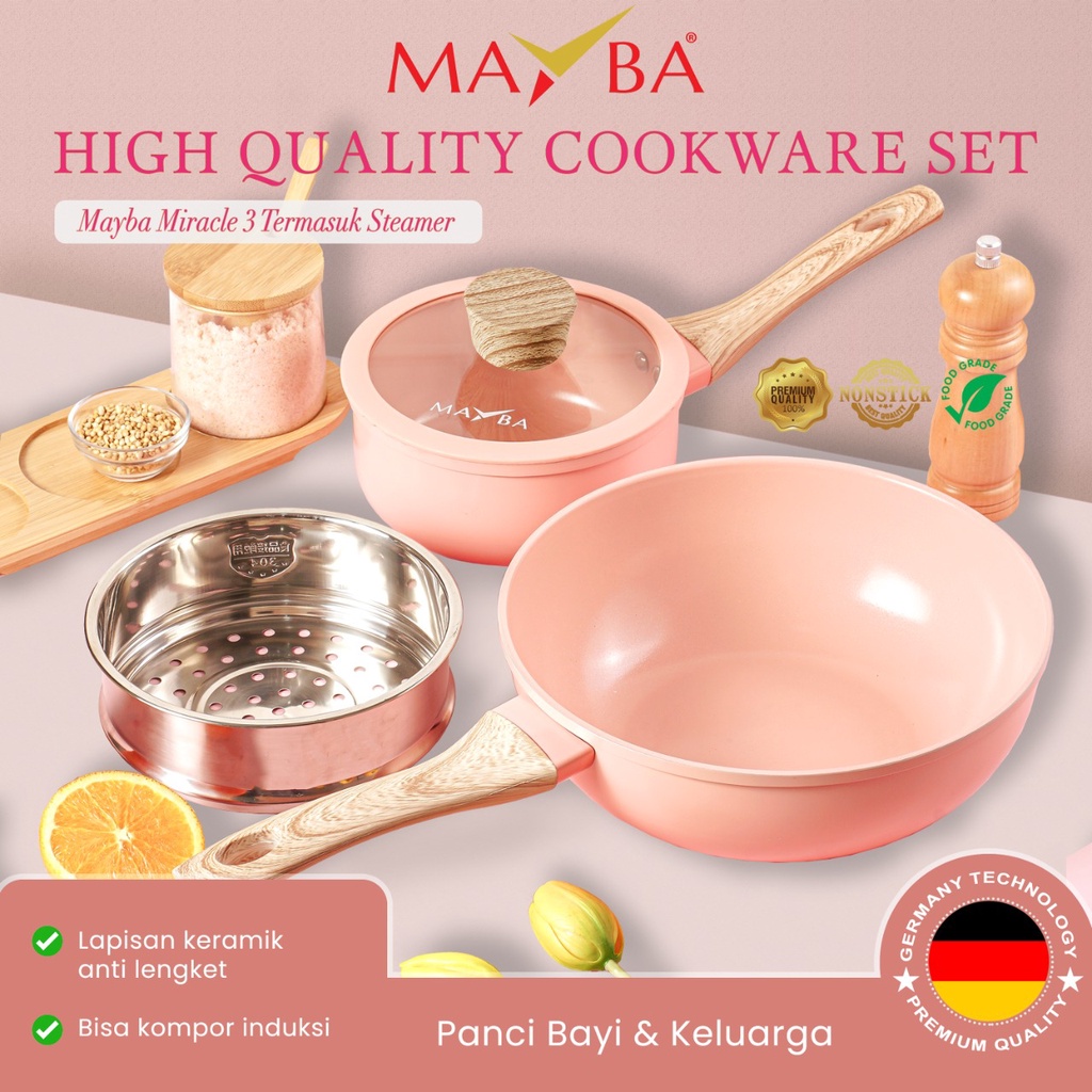 PANCI SET MAYBA GERMANY 9 PC ESSENTIAL Granite Anti lengket NEW COOKWARE SET pastel pink / beige - wajan penggorenangan wok marble